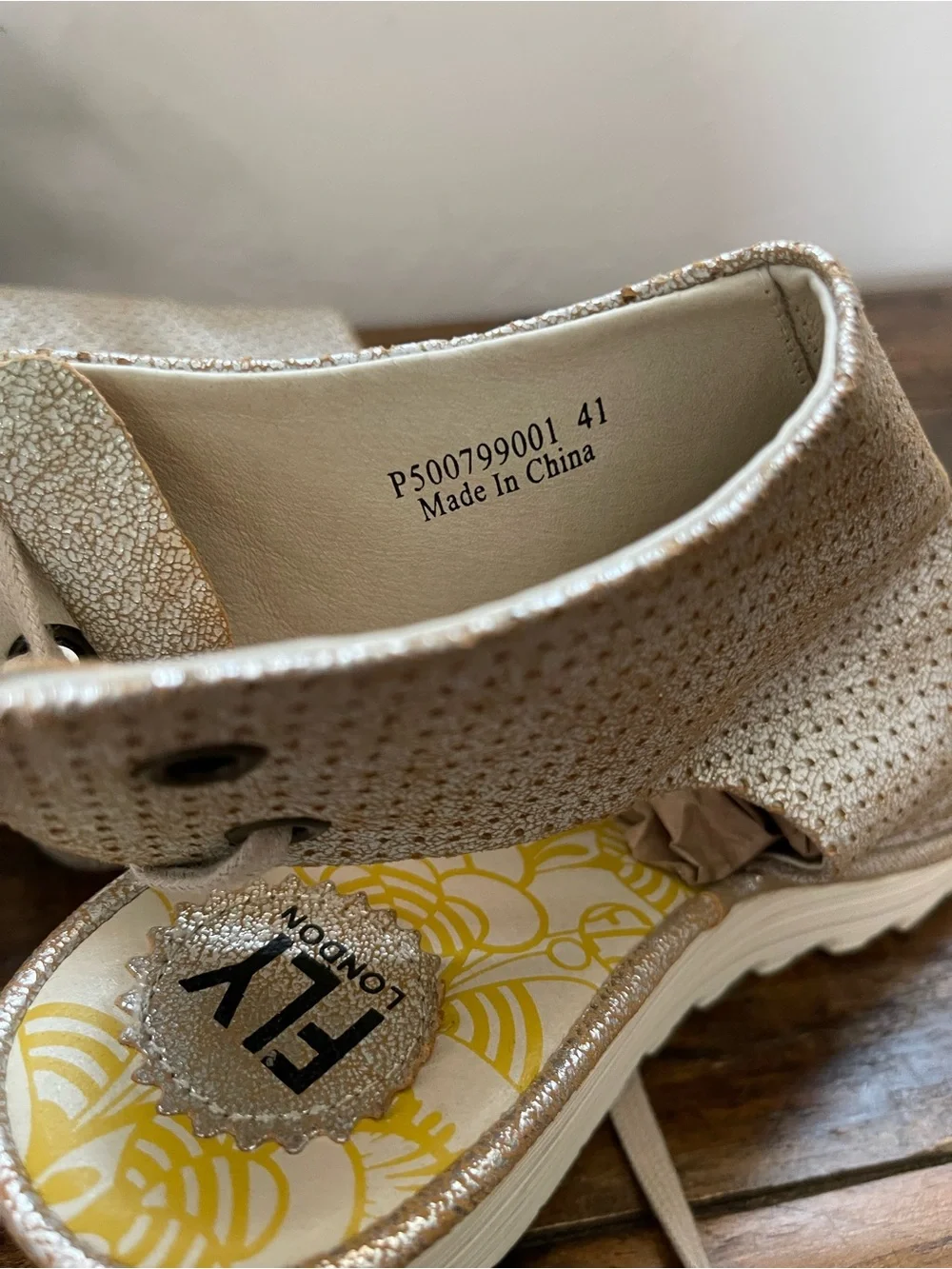 Fly London Sparkle Taupe Peep-Toe Wedge Sandals